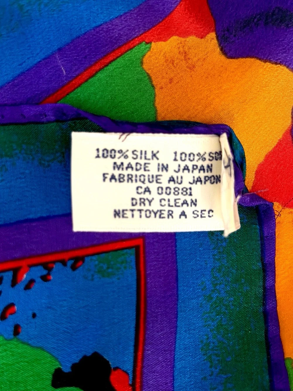 Albert Nipon Rectangle Silk Scarf Abstract Print Blue Orange Green Purple Japan